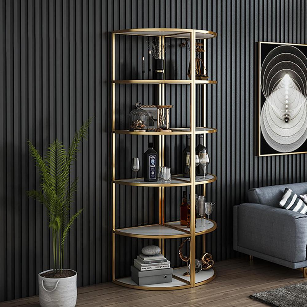 70.9" Fan-shaped Gold & White Corner Bookshelf Bookcase in 6 Shelves