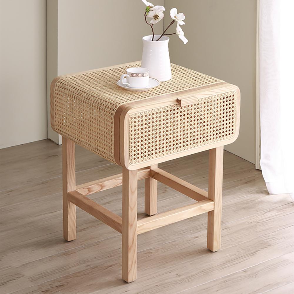 Wooden Walnut Nightstand Rattan Drawer for Bedroom Living Room Storage Bedside Table