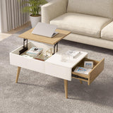 White & Natural Wooden Rectangular Multifunctional Coffee Table with Drawer Lift-Top Storage Table