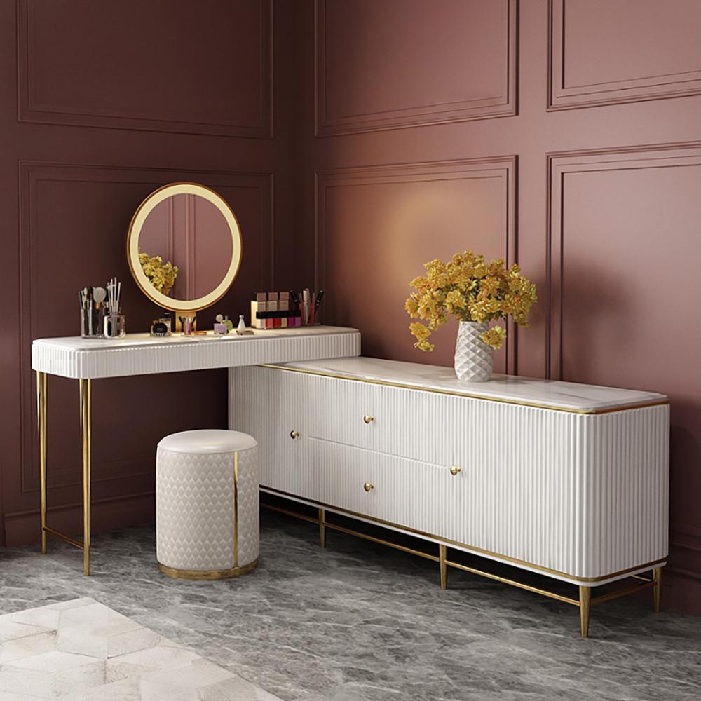 Retractable Marble Top Makeup Vanity Table & Cabinet Combo with Storage Fit in Corner