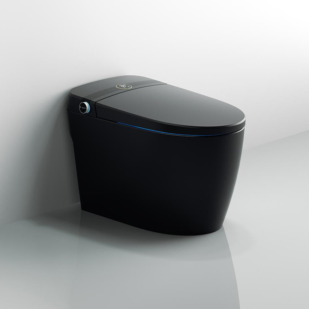 Elongated One-Piece Smart Toilet Floor Mounted Automatic Toilet in Black & Gold Rim