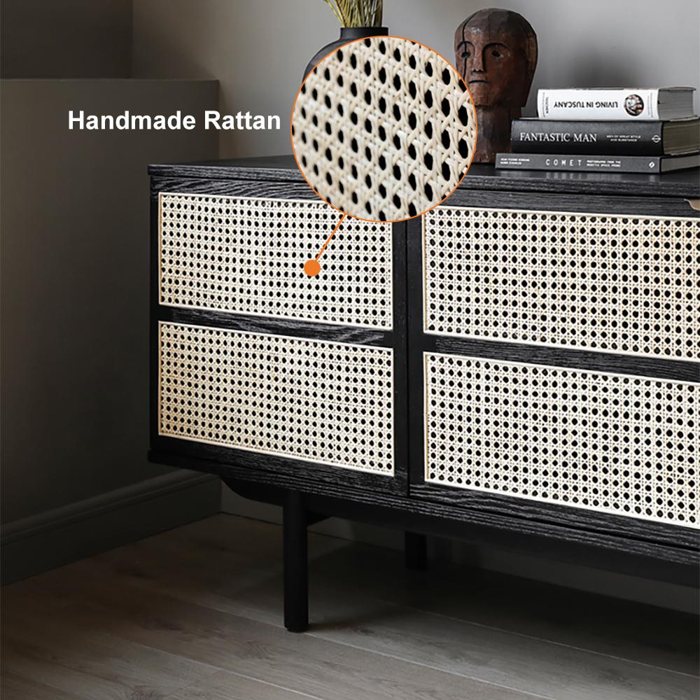63" Modern Black Cane Sideboard Buffet Cabinet with 3 Rattan Door Pine Wood