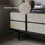 63" Modern Black Cane Sideboard Buffet Cabinet with 3 Rattan Door Pine Wood
