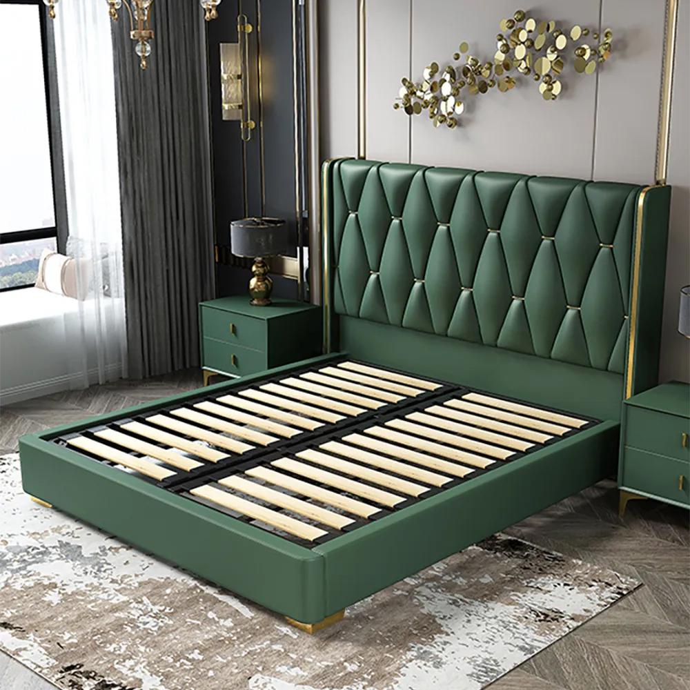 Queen Upholstered Platform Bed Green Low Profile Bed with Wood Slats