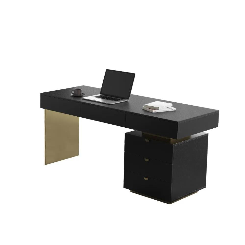 55" Modern Black Office Computer Desk with 6 Drawer & Gold Leg