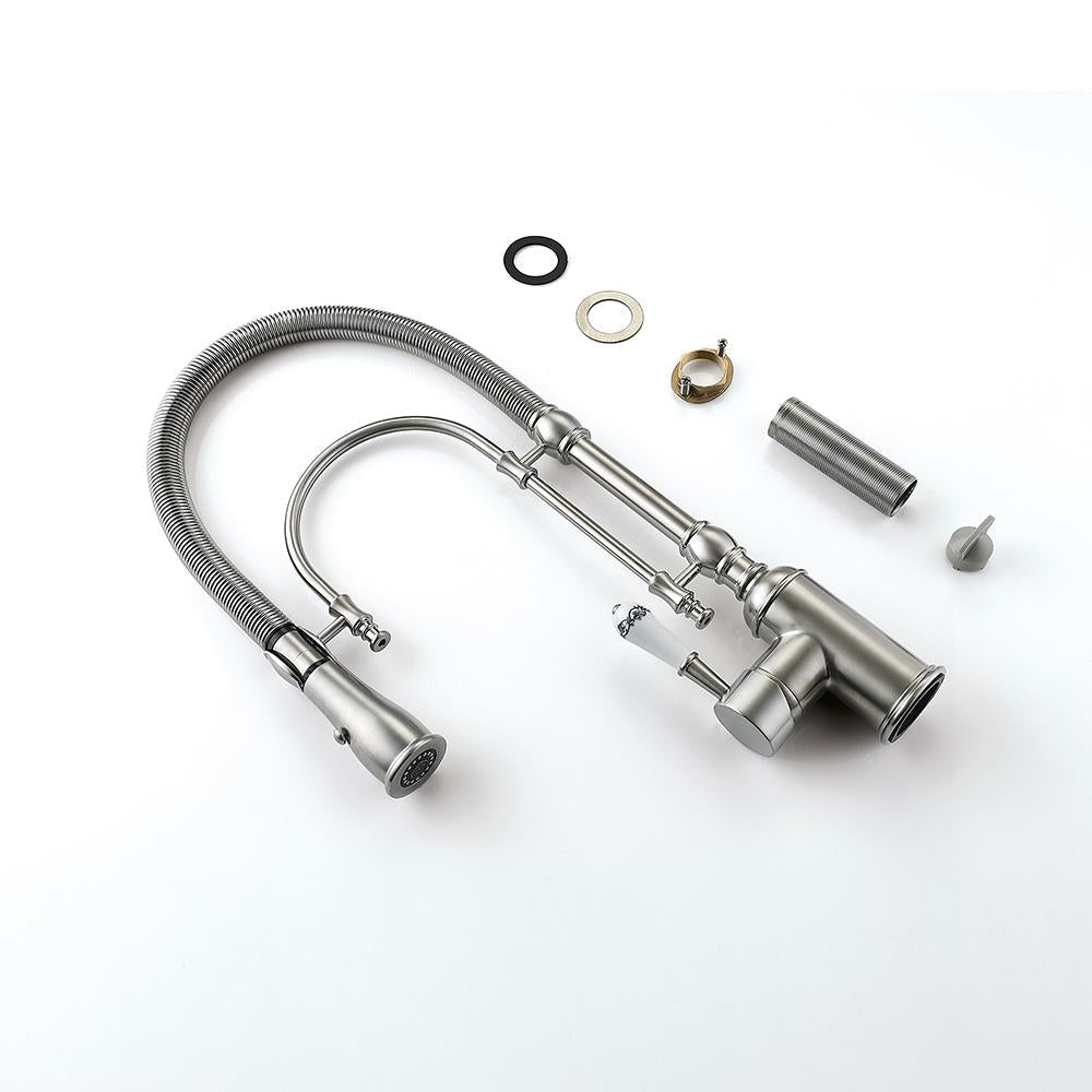 High Arc Dual-Mode Pull-Down Kitchen Faucet Solid Brass with Porcelain Handle