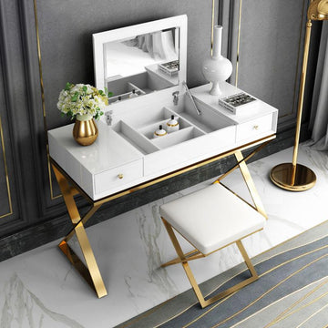 Modern 2-Drawer Wood Makeup Vanity Set with Mirror & Stool X Base Stainless Steel in Gold