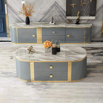 51.2" Modern Oval Coffee Table with Faux Marble Top & 4 Storage Drawers-Coffee Tables,Furniture,Living Room Furniture