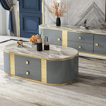 51.2" Modern Oval Coffee Table with Faux Marble Top & 4 Storage Drawers-Coffee Tables,Furniture,Living Room Furniture