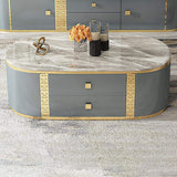 51.2" Modern Oval Coffee Table with Faux Marble Top & 4 Storage Drawers-Coffee Tables,Furniture,Living Room Furniture