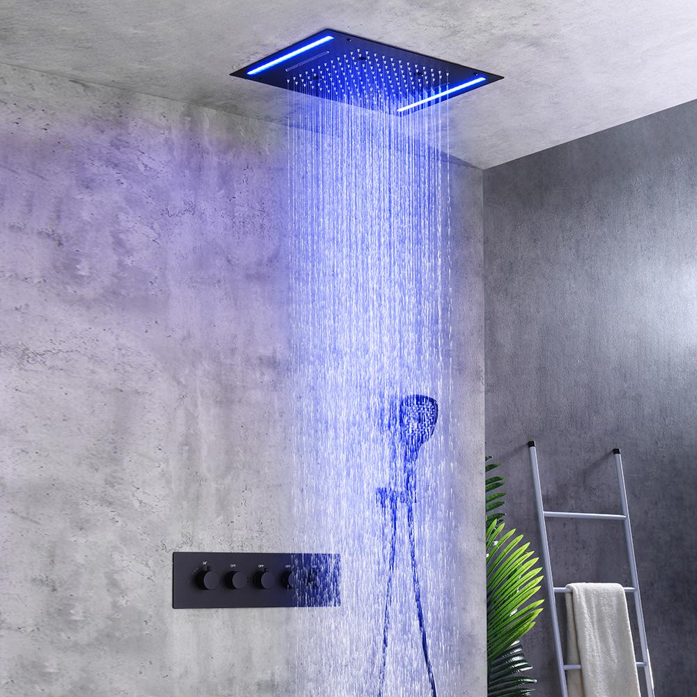Ceiling Mounted 20" Thermostatic Black Shower System Rainfall 4 Functions