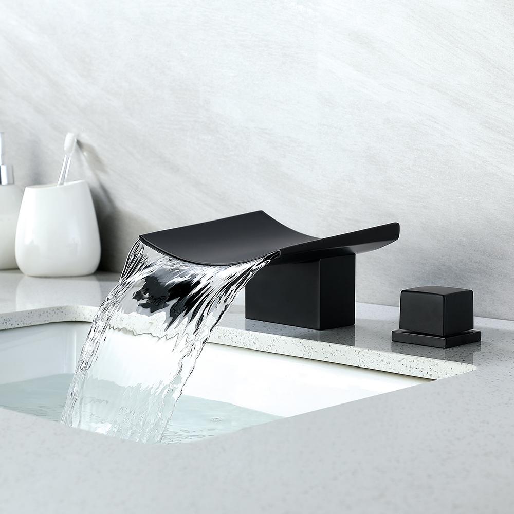 Grop Matte Black Waterfall Widespread Bathroom Sink Faucet Double Knobs