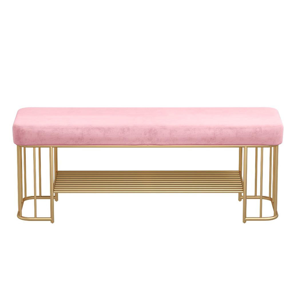 Modern Gray Storage Bench Entryway Bench Velvet Upholstered with Golden Frame & Shelves