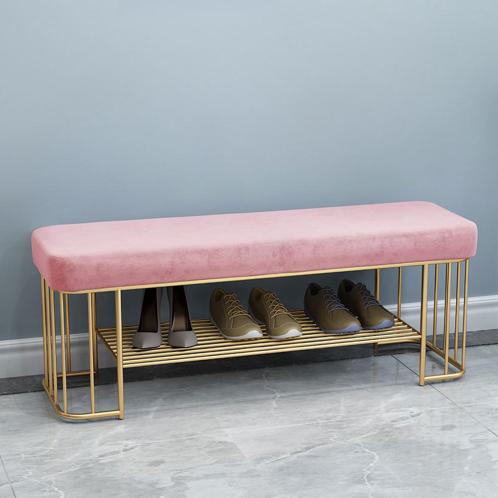 Modern Gray Storage Bench Entryway Bench Velvet Upholstered with Golden Frame & Shelves