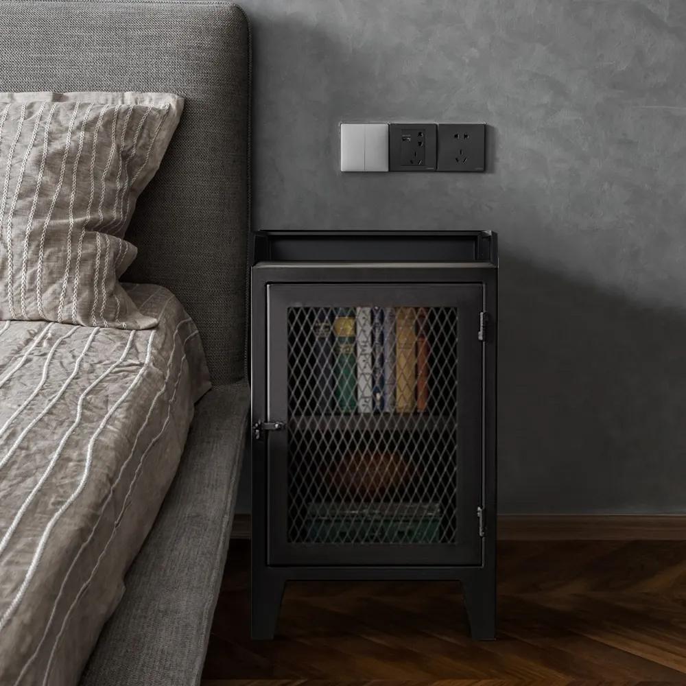 Industrial Nightstand with Door 2-Tier Bedside Table Metal Frame Nightstand Rustic Black