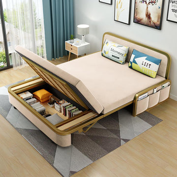 Modern Convertible Sofa Bed with Storage Velvet Upholstery in Beige & Gold