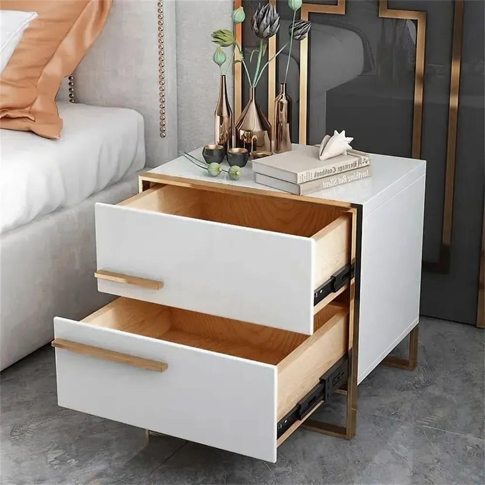 Modern 2 Drawers Black Lacquer Nightstand in Gold