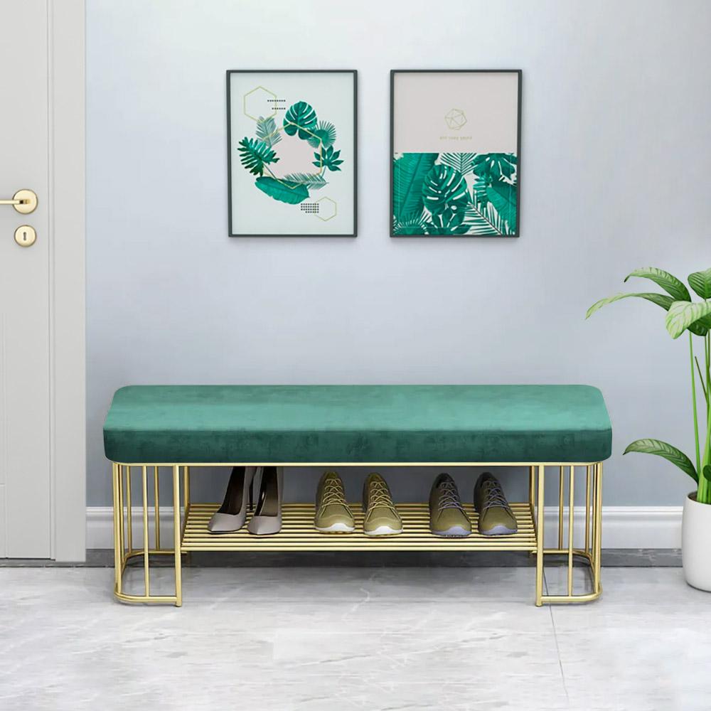 Modern Gray Storage Bench Entryway Bench Velvet Upholstered with Golden Frame & Shelves