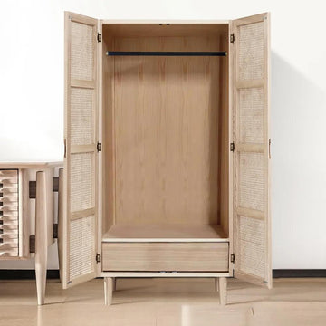 Cottage 2-Door Rattan Closet with Hidden Drawer Natural Woven Cabinet Ash