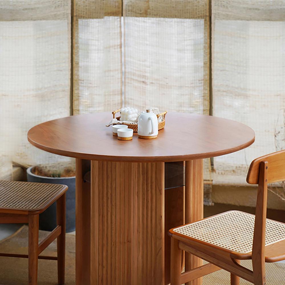 35" Farmhouse Storage Dining Room Table Cherry Round Wood Table for 4 Person