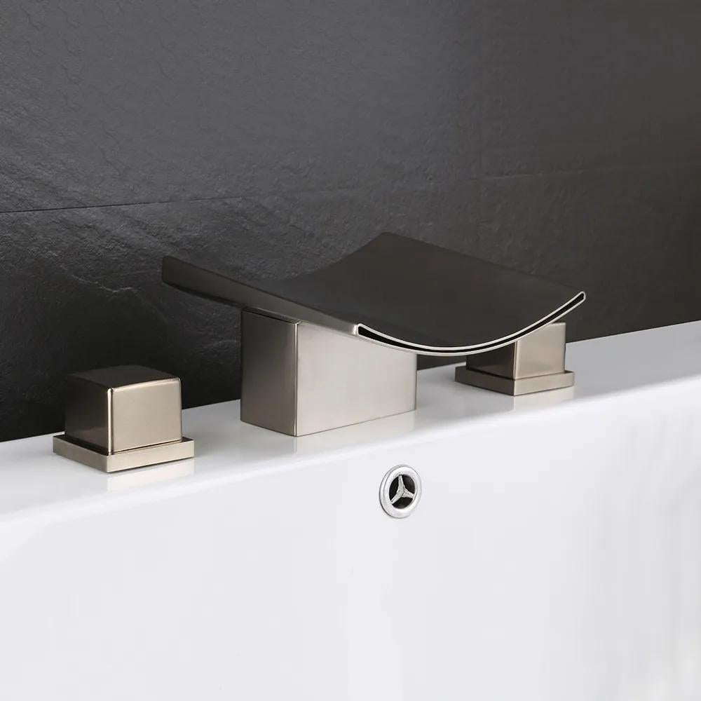 Grop Brushed Gold Waterfall Widespread Bathroom Sink Faucet Double Handle