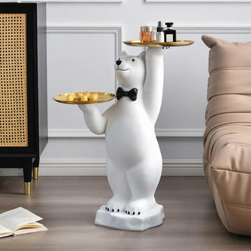 Modern White Bear Side Table Resin Tiered Tray Top End Table in Gold