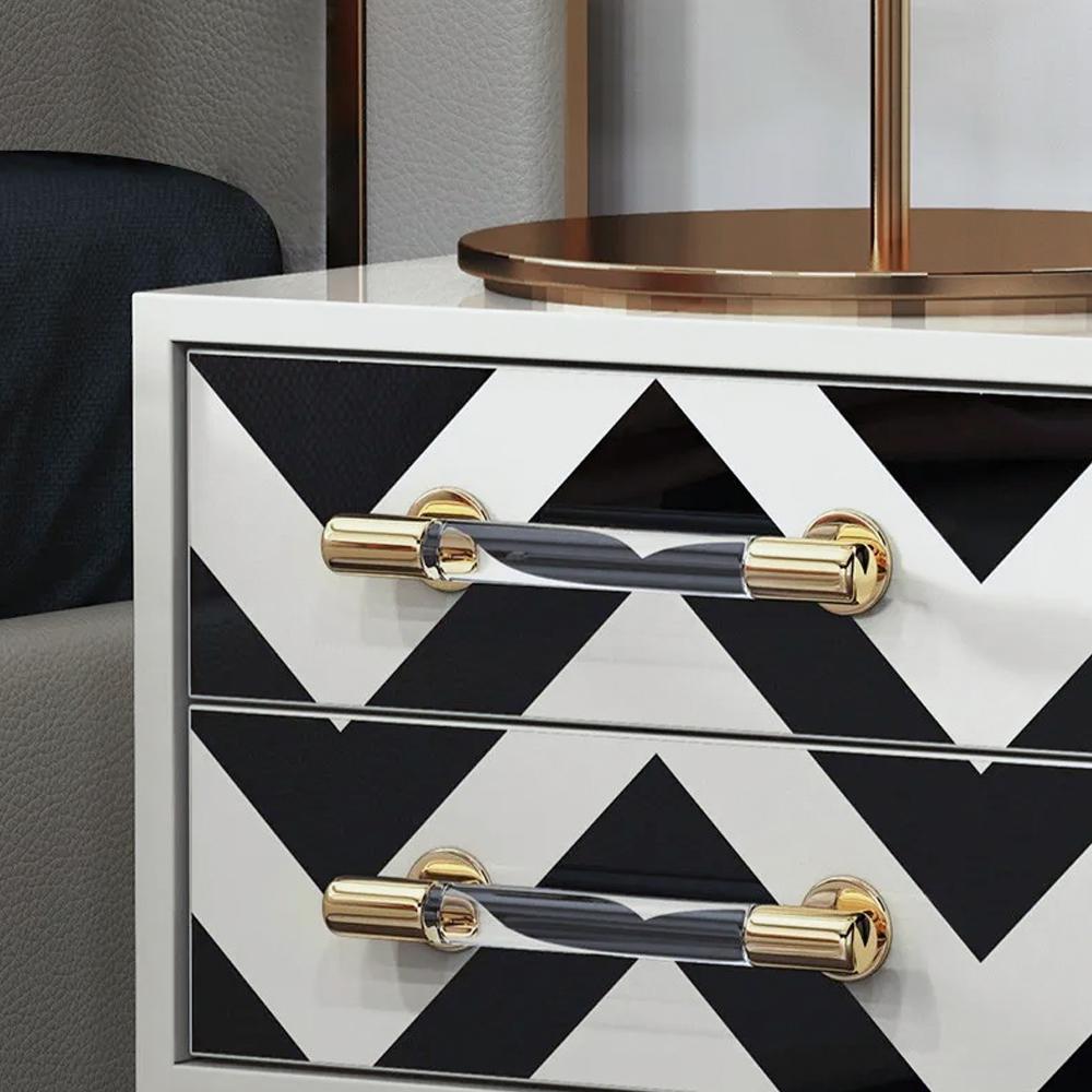 2 Drawers Black & White Nightstand with Drawer Mid-Century Bedside Table Gold Legs