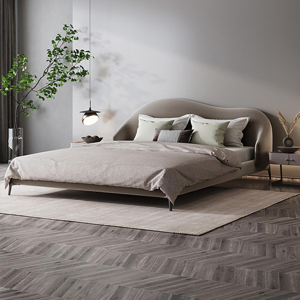 Light Pink Queen Bed Velvet Upholstered Platform Bed with Metal Legs