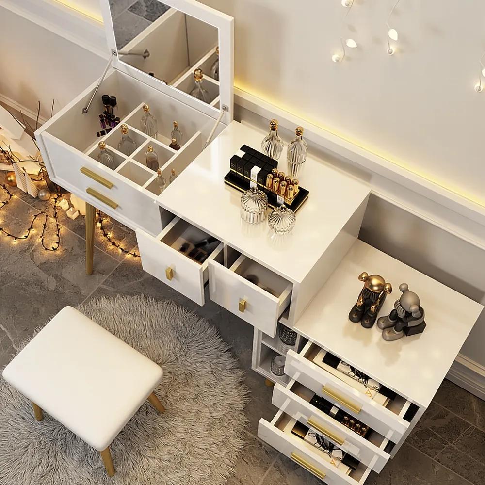 Modern White Makeup Vanity Extendable Dressing Table with Drawers & Flip Top Mirror
