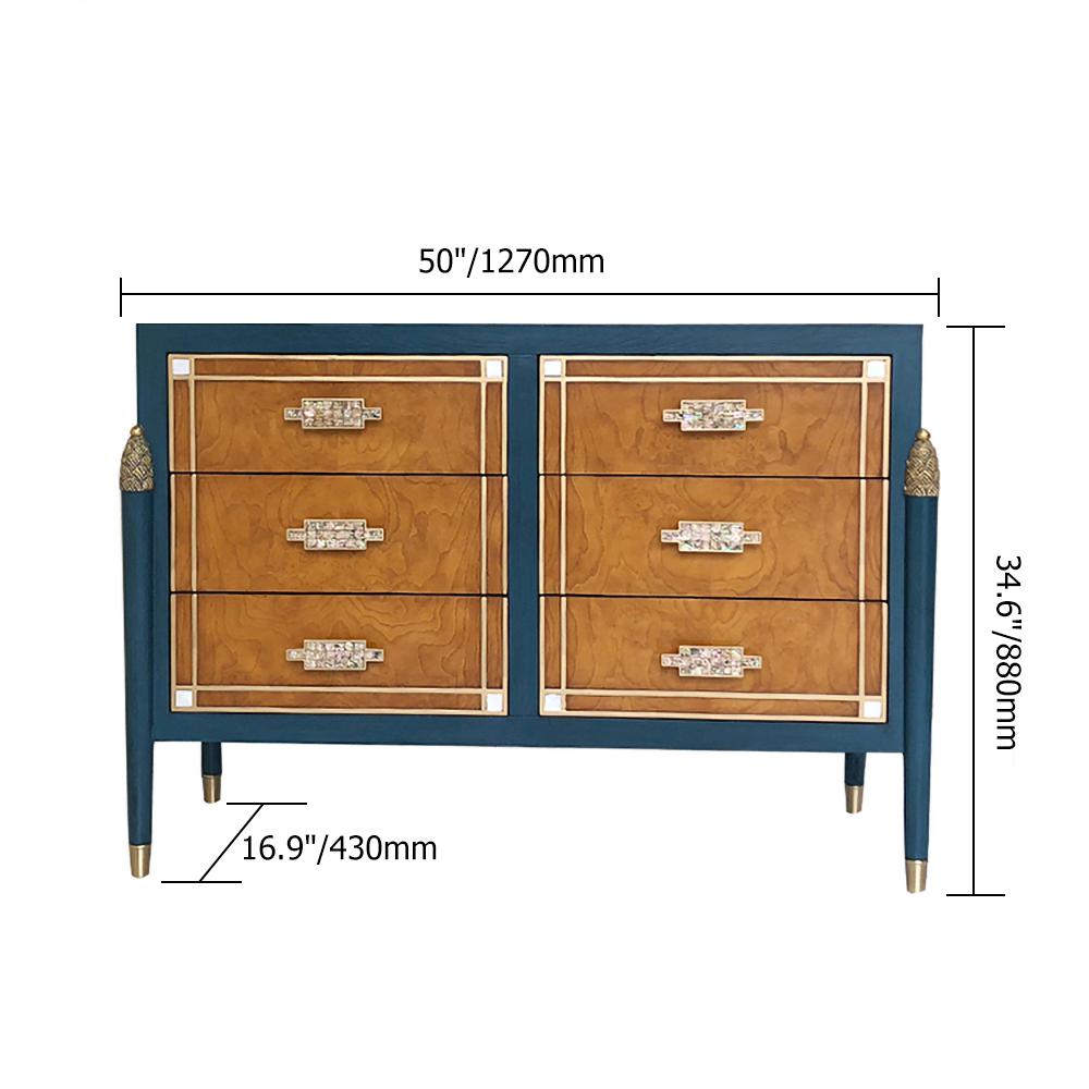 50" Modern Blue Dresser Accent Cabinet with 6 Drawers and Shell Pulls in Gold