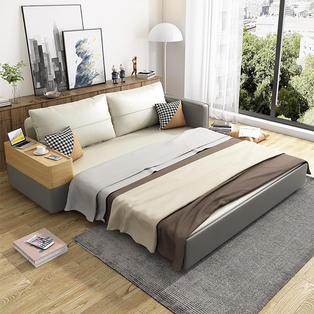 77" Beige & Gray Sleeper Sofa with Lift Top End Table Convertible Sofa Bed with Storage