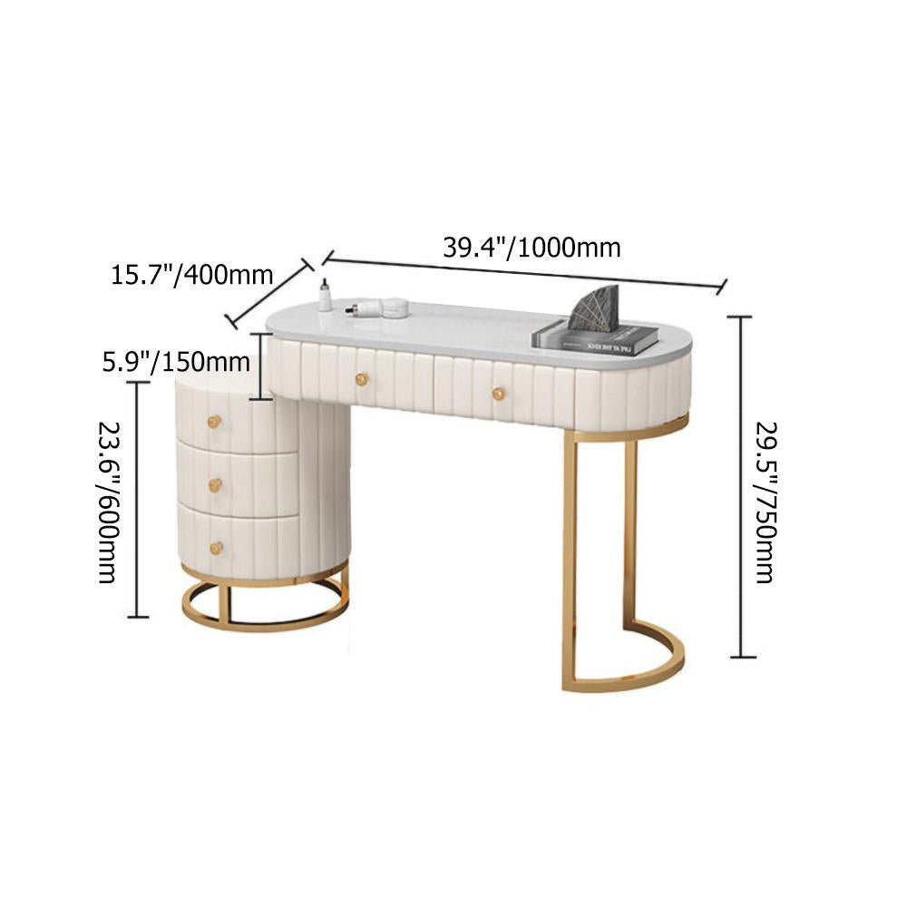 Modern White Makeup Vanity Expandable Upholstered Dressing Table with 5 Drawers in Gold