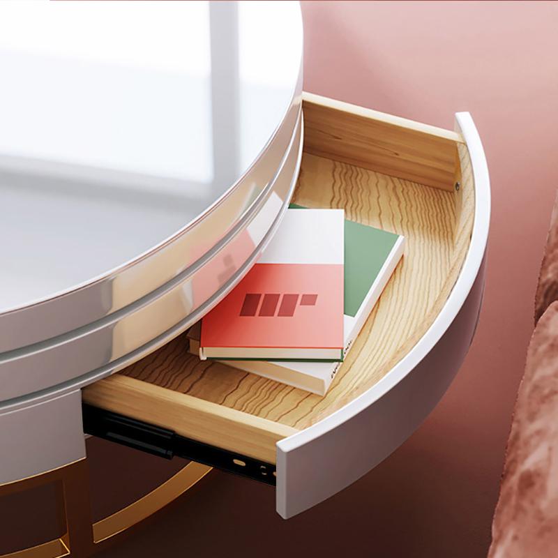 White Round Modern Wood Swivel Coffee Table with Storage Drawer in Gold
