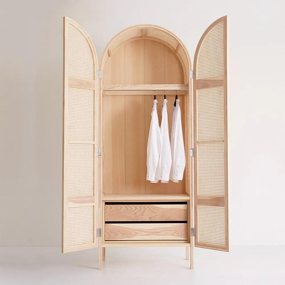 Woven Rattan Bedroom Clothing Armoire with Hidden 2 Doors and Drawers Wardrobe, Natural