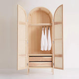 Woven Rattan Bedroom Clothing Armoire with Hidden 2 Doors and Drawers Wardrobe, Natural