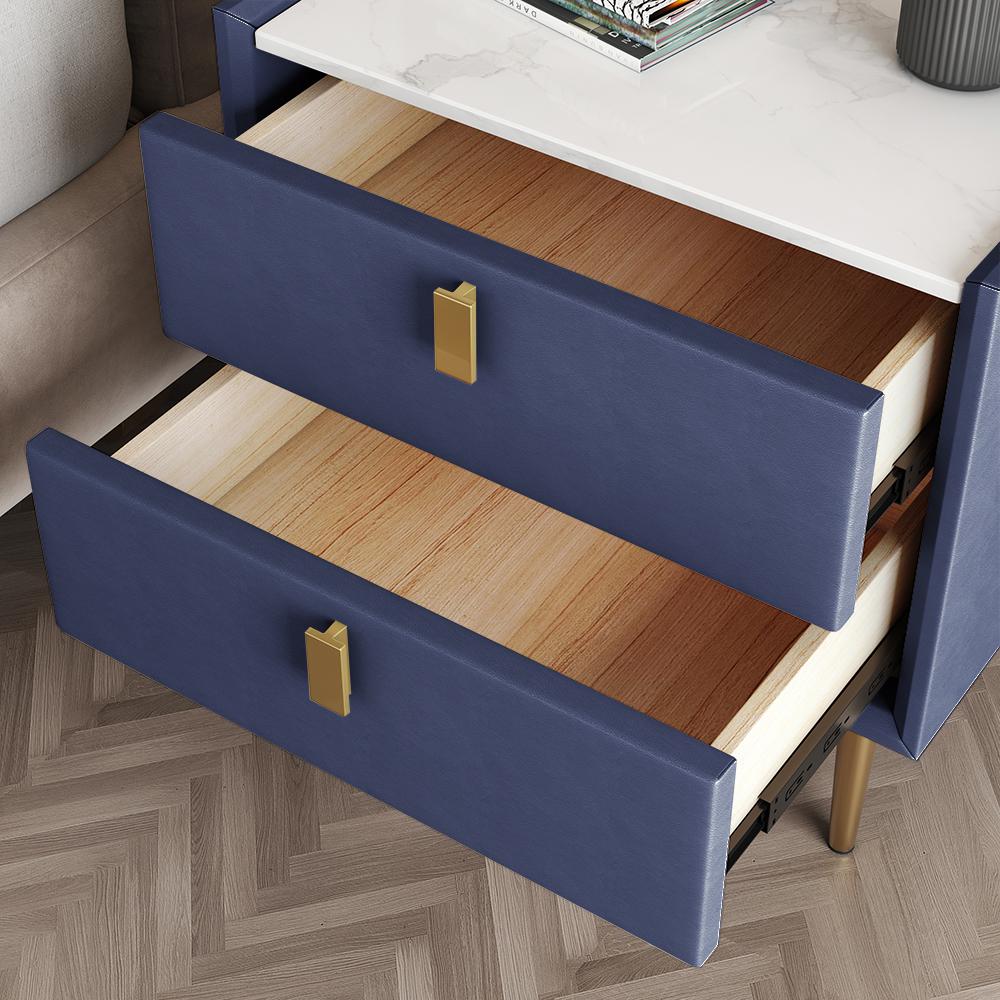 Modern 2 Drawers PU Leather Bedside Table Nightstand with Gold Metal Legs