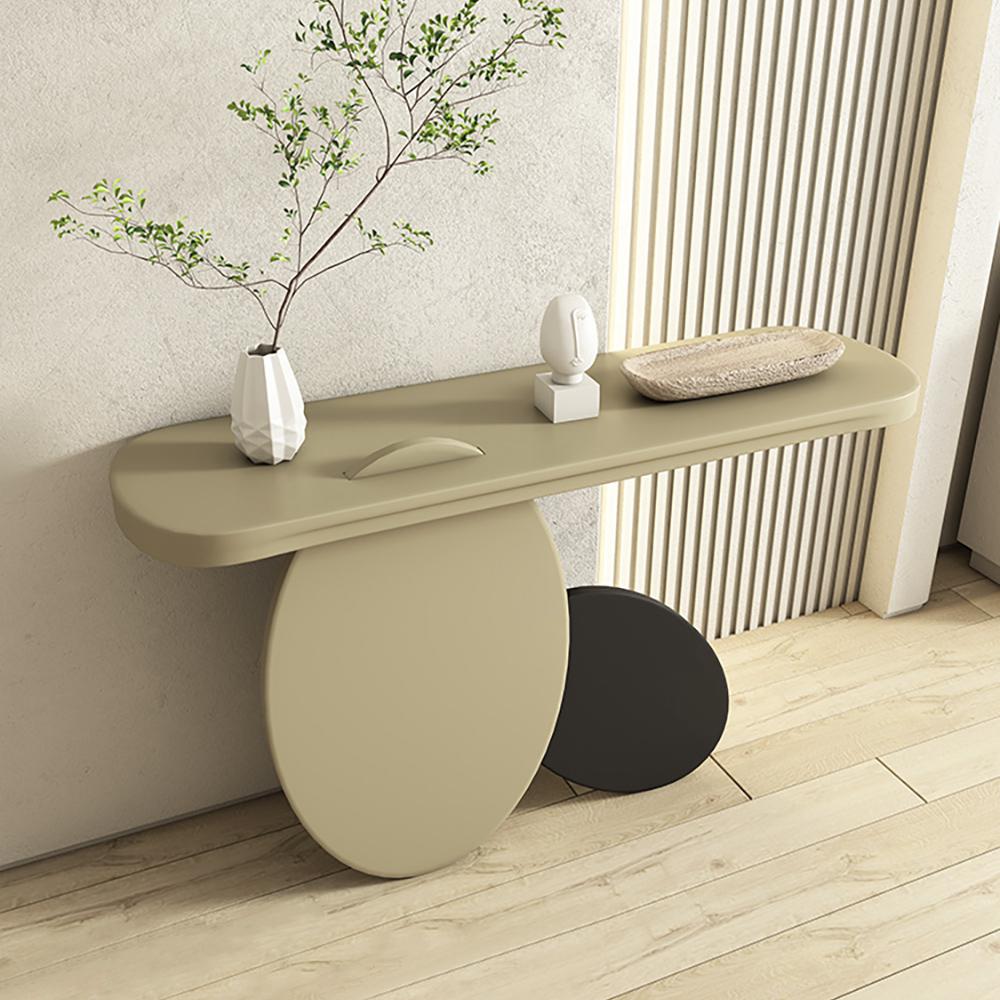 39.4" Modern Console Table Rectangular Wood Entryway Table with Circle Base Light Khaki