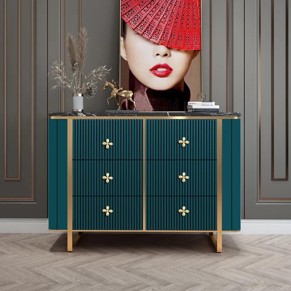 47" Modern Blue Dresser Faux Marble Top Cabinet with 6 Drawers in Gold