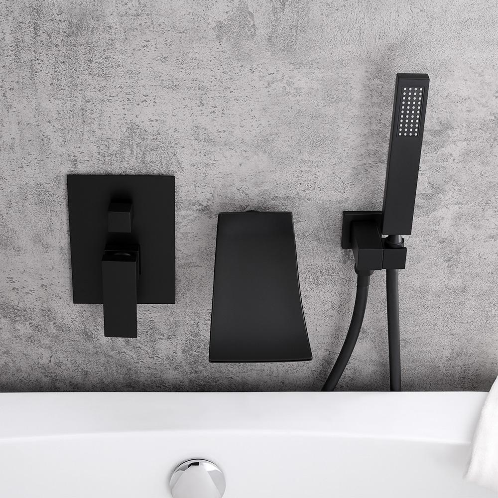Modern Waterfall Wall-Mount Tub Filler Faucet Single Handle & Handshower in Matte Black
