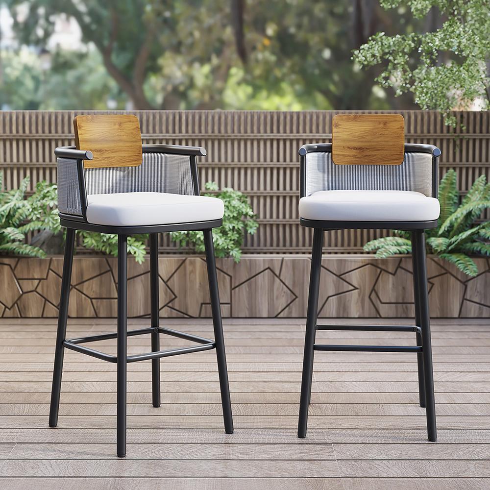 2 Pieces Outdoor Patio Teak & Aluminum 41" Counter Height Bar Stools Set with Backs