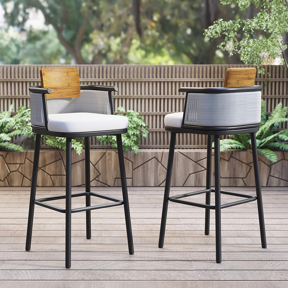 2 Pieces Outdoor Patio Teak & Aluminum 41" Counter Height Bar Stools Set with Backs