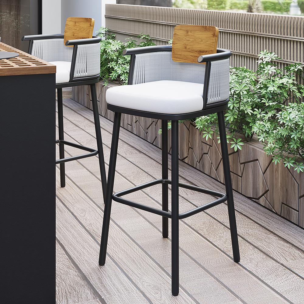 2 Pieces Outdoor Patio Teak & Aluminum 41" Counter Height Bar Stools Set with Backs