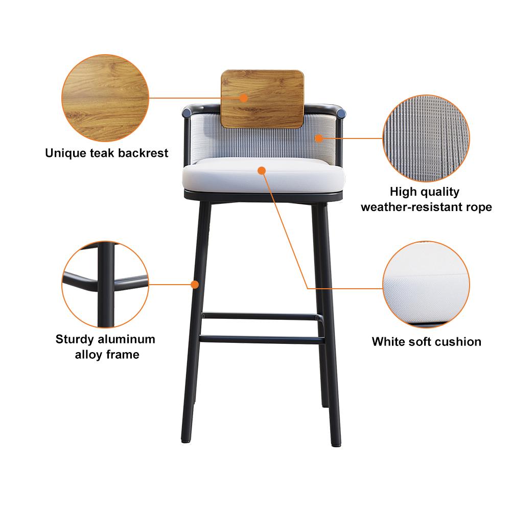 2 Pieces Outdoor Patio Teak & Aluminum 41" Counter Height Bar Stools Set with Backs