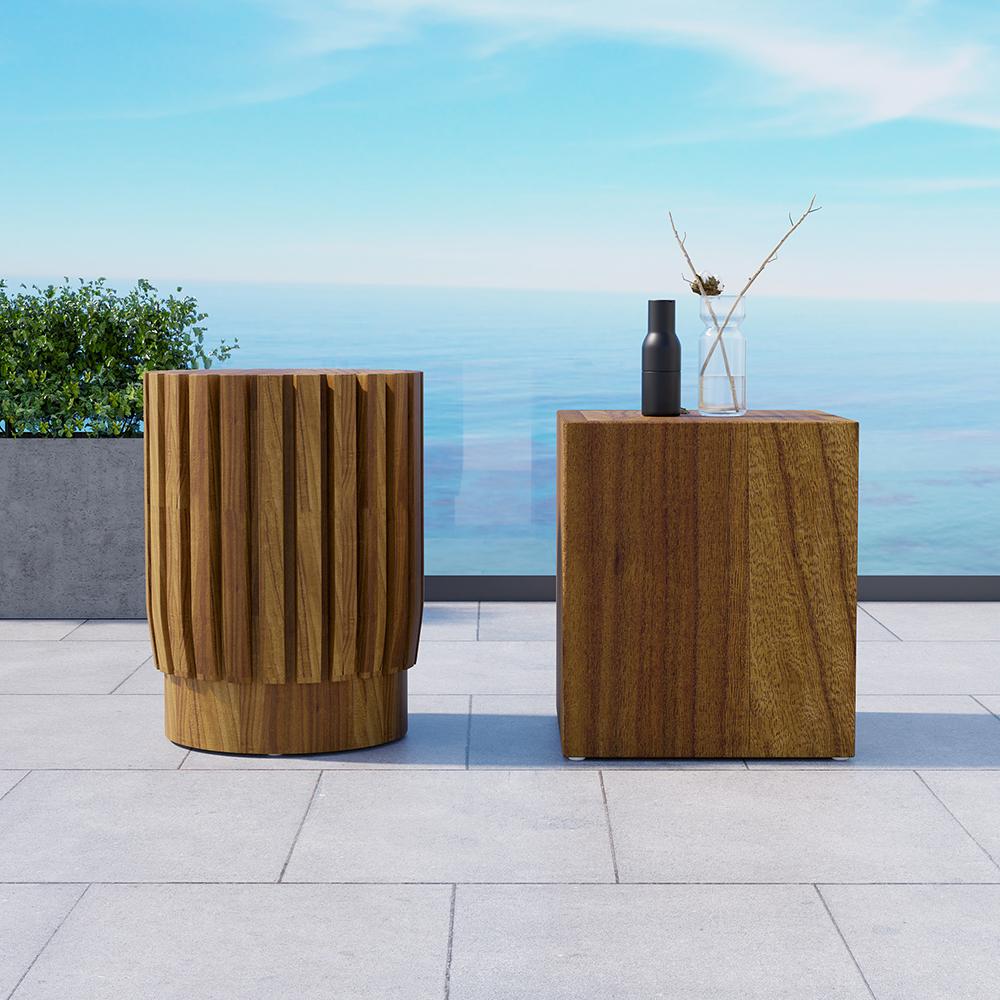 2 Pieces Rustic Round & Rectangle Teak Wood Outdoor Coffee Table Set in Natural