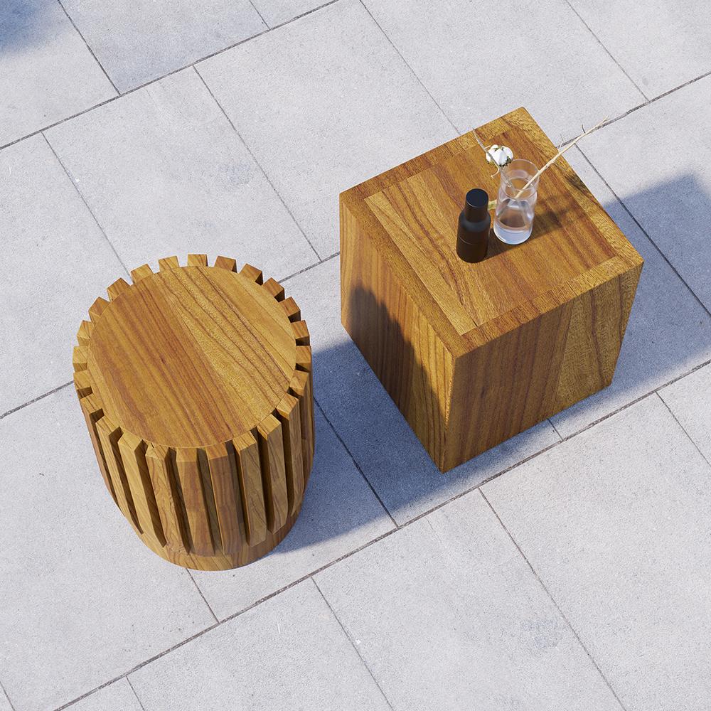 2 Pieces Rustic Round & Rectangle Teak Wood Outdoor Coffee Table Set in Natural