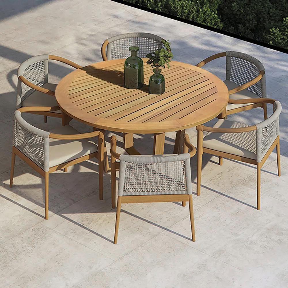 2 Pieces Modern Teak Wood Outdoor Patio Dining Chair Armchair Set in Natural & Beige