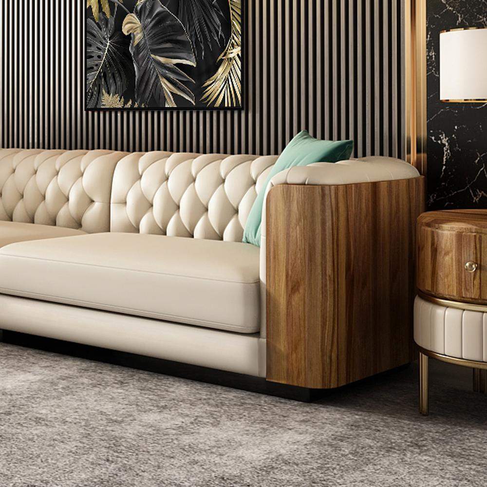 111" 4-Seater White Chesterfield Sofa with Green Pillows-Richsoul-Furniture,Living Room Furniture,Sofas & Loveseats