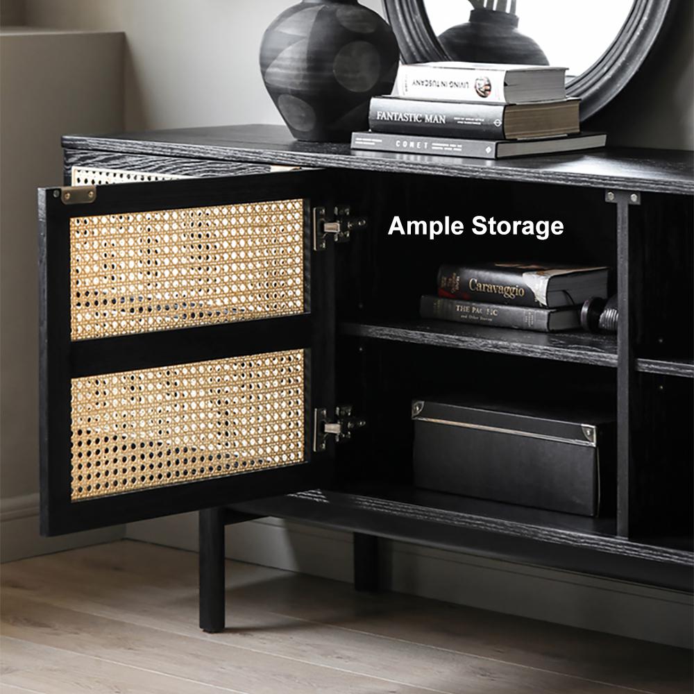 63" Modern Black Cane Sideboard Buffet Cabinet with 3 Rattan Door Pine Wood