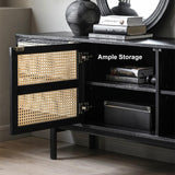 63" Modern Black Cane Sideboard Buffet Cabinet with 3 Rattan Door Pine Wood