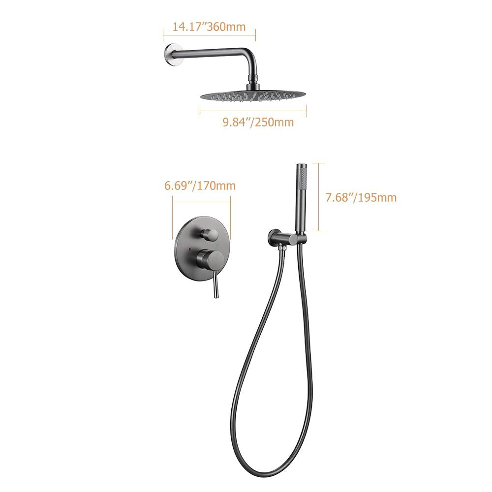 Brushed Gold 10" Round Rainfall Shower Head Wall Mounted Rain Shower System with Handheld Shower Solid Brass